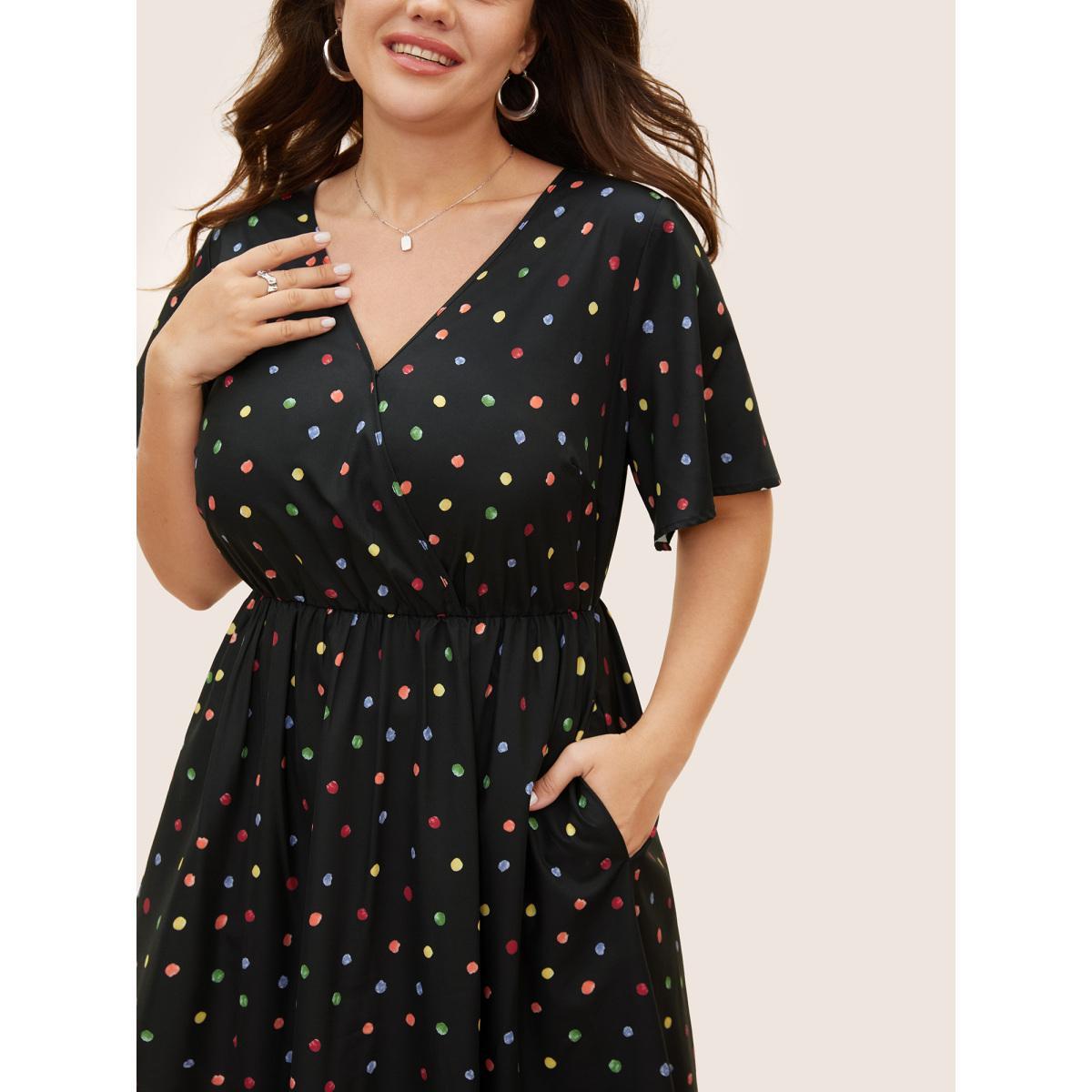 Plus Size Colored Polka Dot Overlap Collar Midi Dress Black Women Elegant Contrast Overlap Collar Short sleeve Curvy BloomChic 14-16/1X Product Image