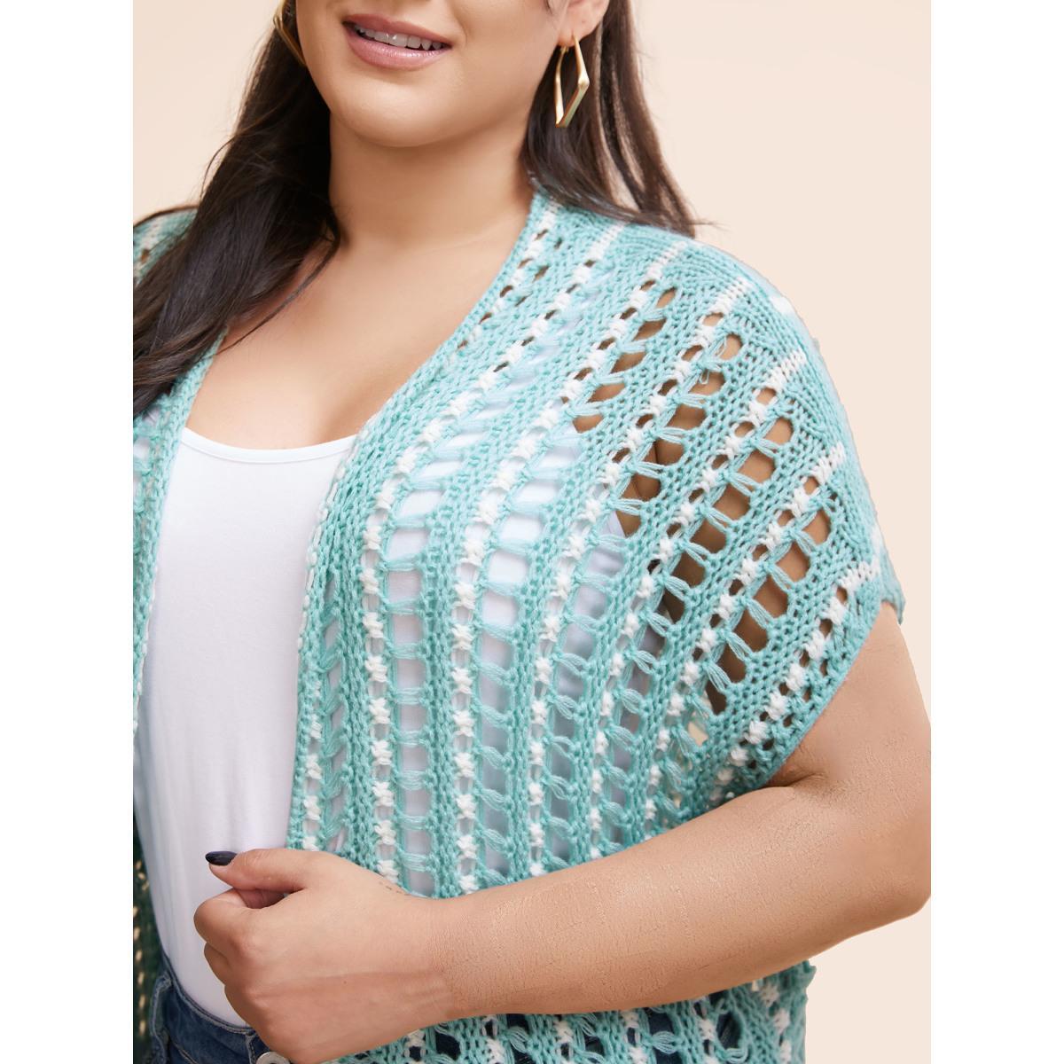 Plus Size Kimono Collar Cut Out Drop Shoulder Cardigan Turquoise Women Casual Loose Short sleeve Everyday Cardigans BloomChic 12/L Product Image