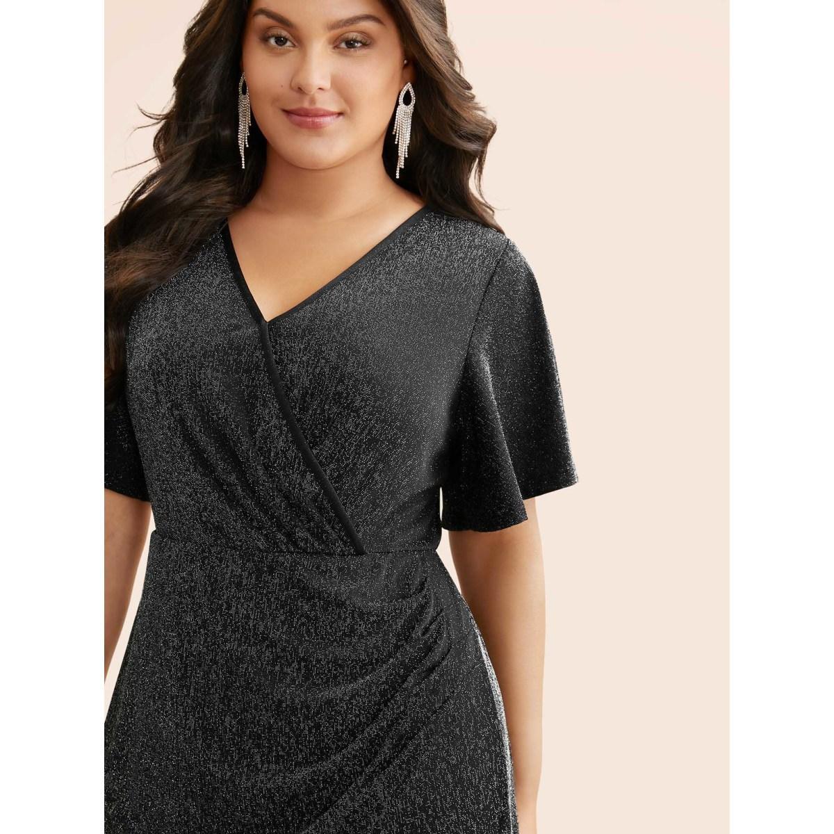 Plus Size Luxe Overlap Collar Ruffle Sleeve Dress Pureblack Women Cocktail Overlapping Party Curvy Bloomchic 30/6X Product Image