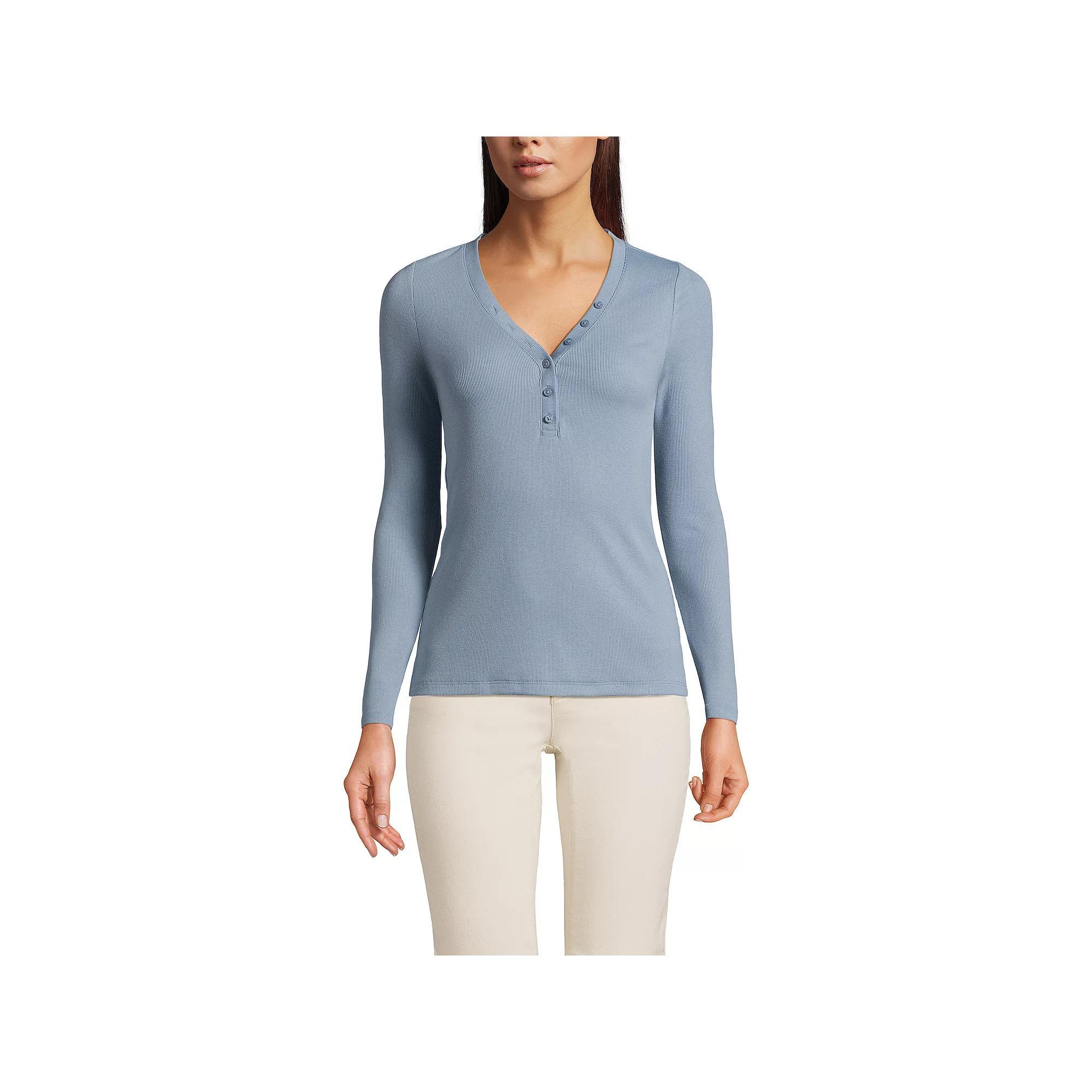 Petite Lands End Long Sleeve Ribbed Henley, Womens Pale Grey Blue Product Image