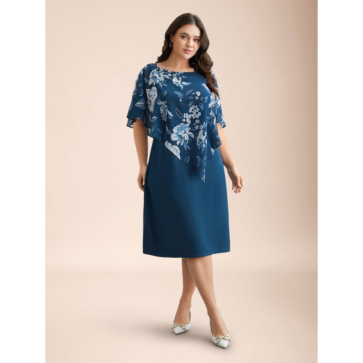 Plus Size Floral Print Cloak Tiered Midi Dress Aegean Women Elegant See through Round Neck Half Sleeve Curvy BloomChic 12/L Product Image