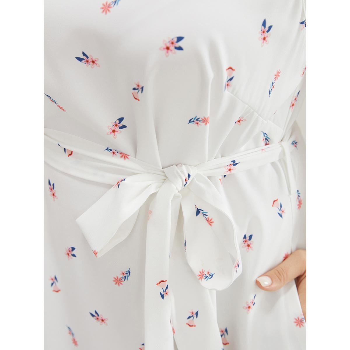 Plus Size Ditsy Floral Pocket Belted Keyhole Neck Flutter Tank Dress White Women Elegant Belted Keyhole Cut-Out Sleeveless Curvy Midi Dress BloomChic 30/6X Product Image