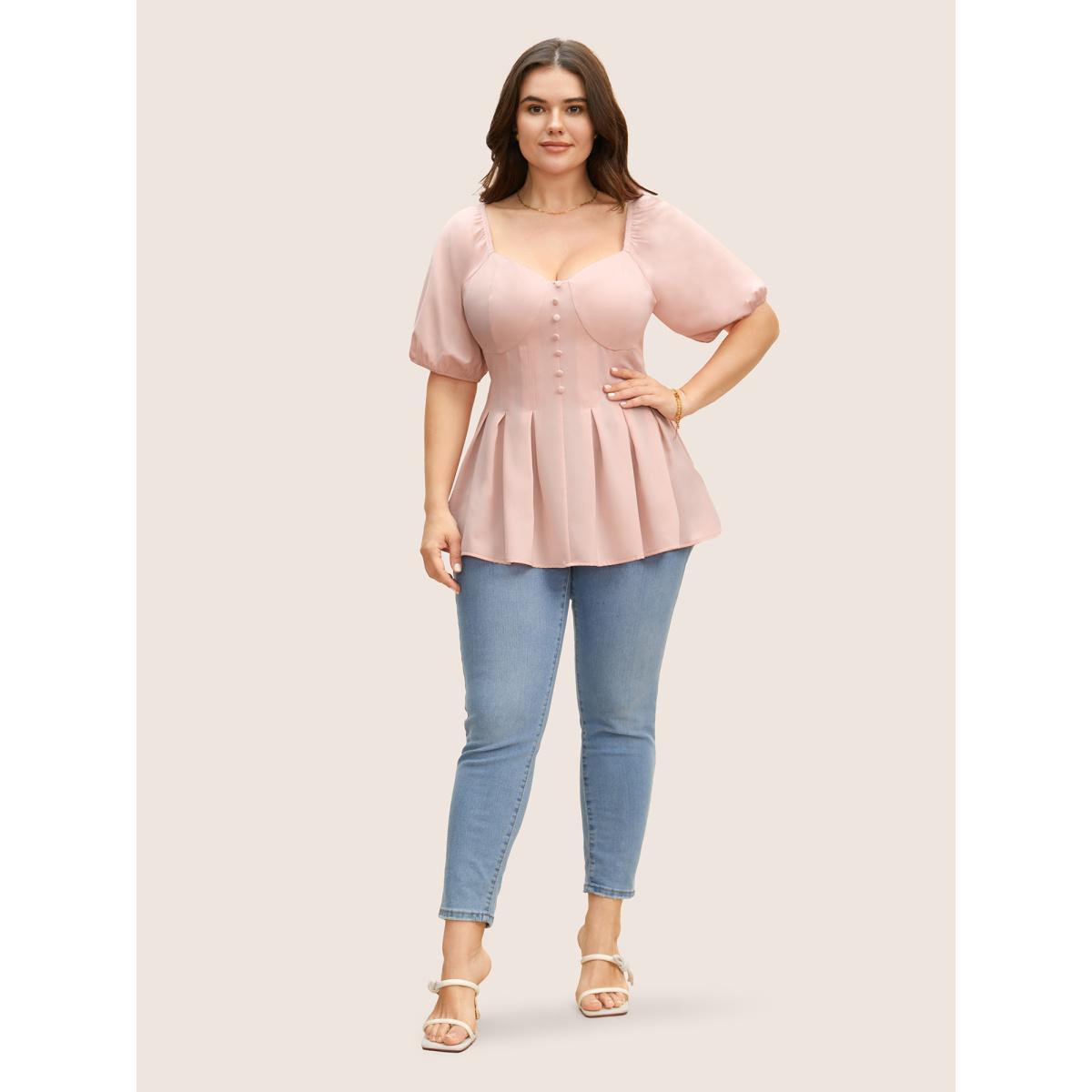 Plus Size MistyRose Solid Heart Neckline Pleated Button Detail Blouse Women Elegant Short sleeve Heart neckline Everyday Blouses BloomChic 22-24/3X Product Image