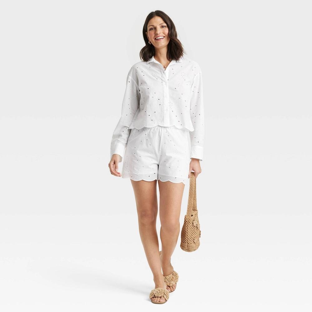 Women's Eyelet Long Sleeve Button-Down Shirt - A New Day™ White 3X: Casual V Neck Woven Cotton, Lightweight Solid Top Product Image