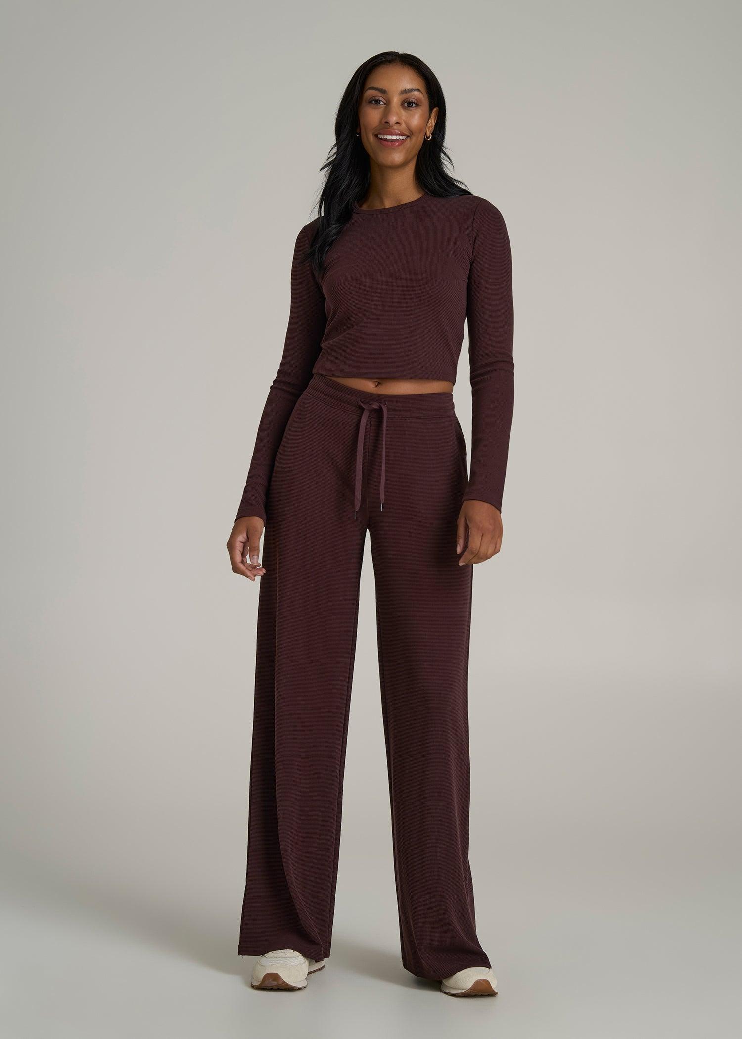 Cropped Long Sleeve Waffle Shirt for Tall Women in Oxblood Product Image
