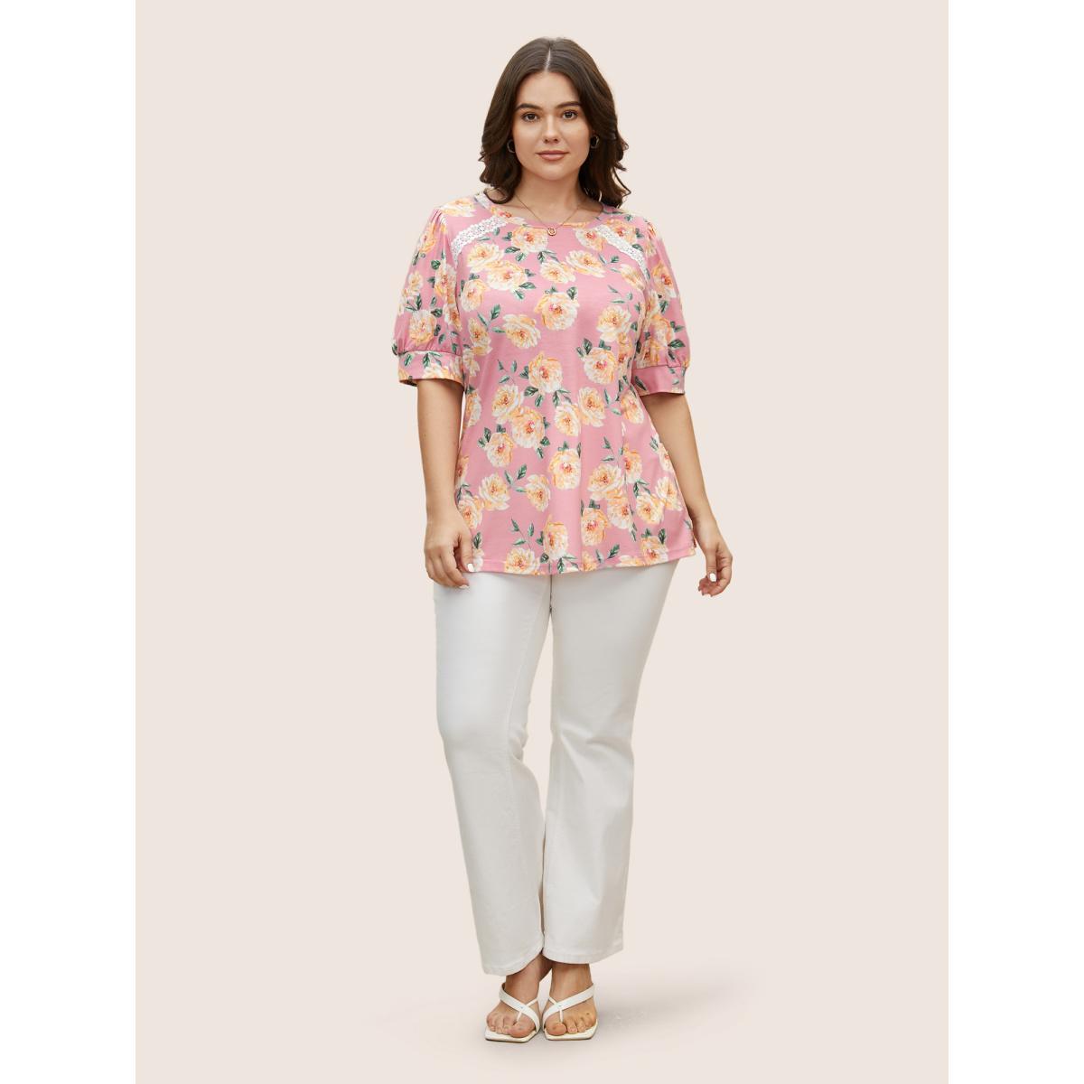Plus Size Natural Flowers Lace Panel Lantern Sleeve T-shirt Dirtypink Women Elegant Contrast Natural Flowers Round Neck Everyday T-shirts BloomChic 18-20/2X Product Image
