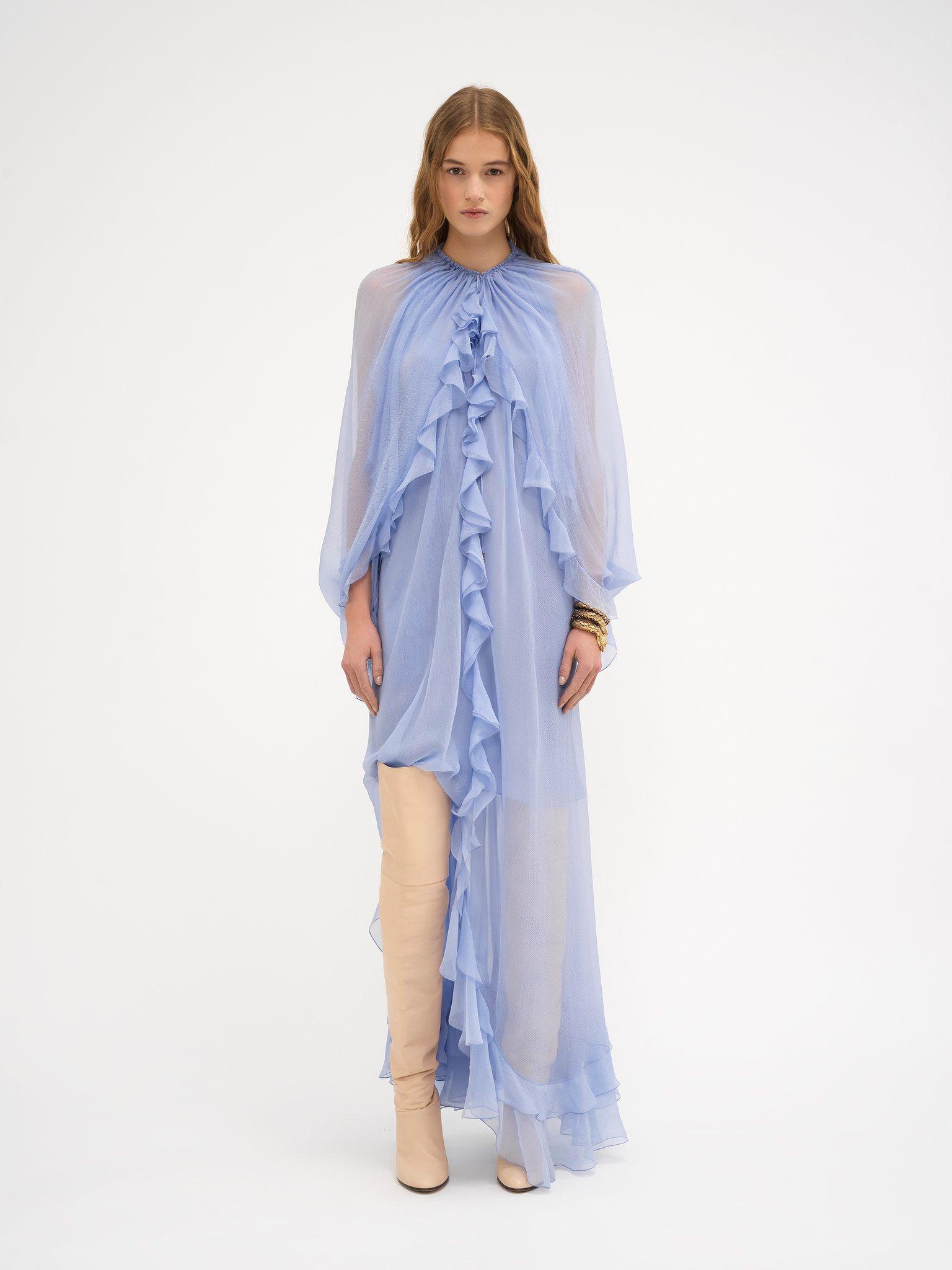 Long cape dress in silk mousseline Product Image