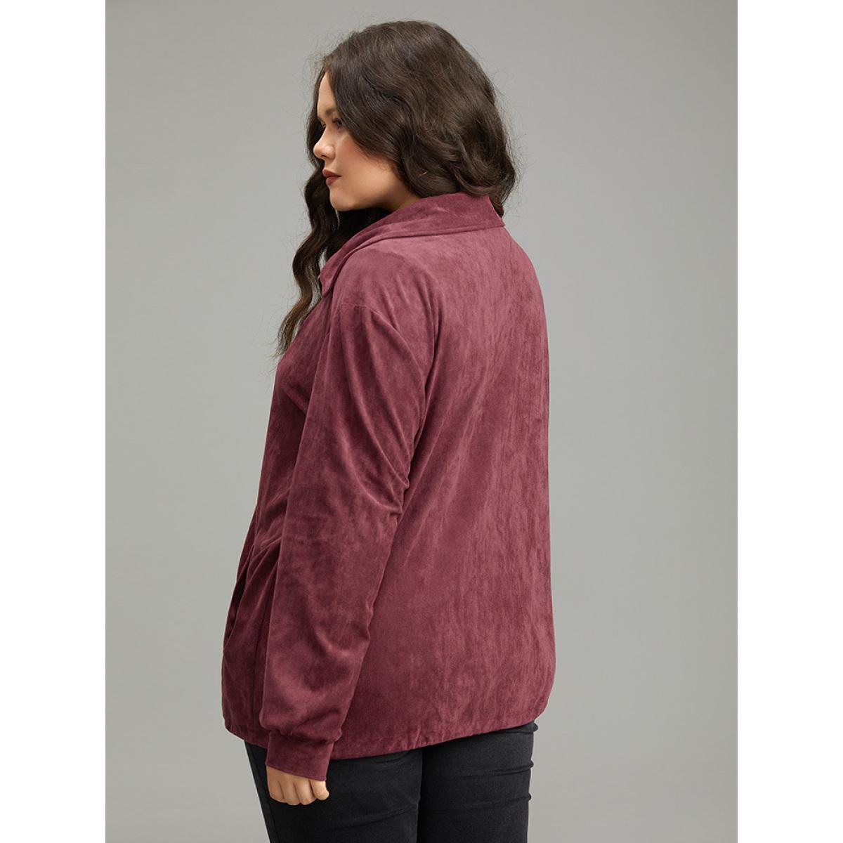 Plus Size Plain Pocket Zipper Fly Drawstring Jacket Women Burgundy Plain Pocket Dailywear Jackets BloomChic 18-20/2X Product Image