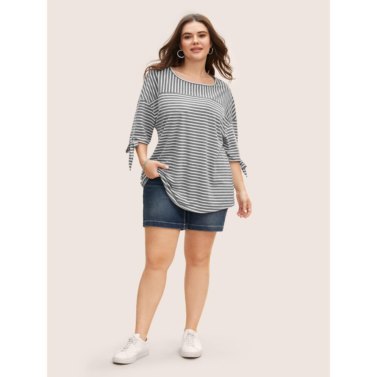 Plus Size Striped Boat Neck Tie Knot T-shirt DimGray Women Casual Tie knot Boat Neck Everyday T-shirts BloomChic 22-24/3X Product Image