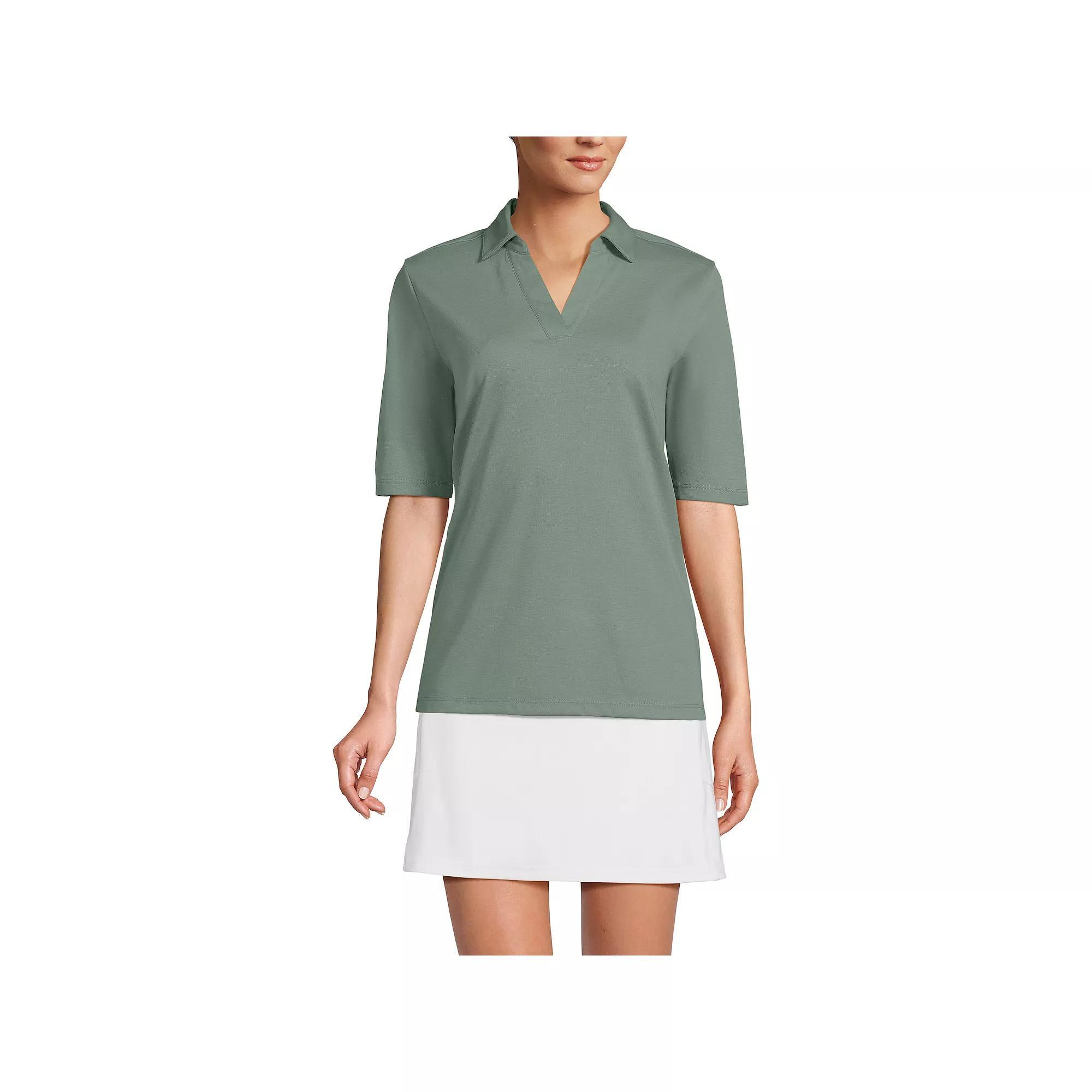 Women's Lands' End Performance Elbow Sleeve Pique Polo Top, Size: Medium, Black Product Image