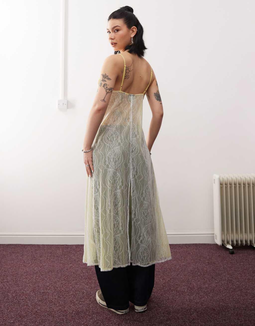 Reclaimed Vintage lace mesh maxi layering dress in yellow Product Image