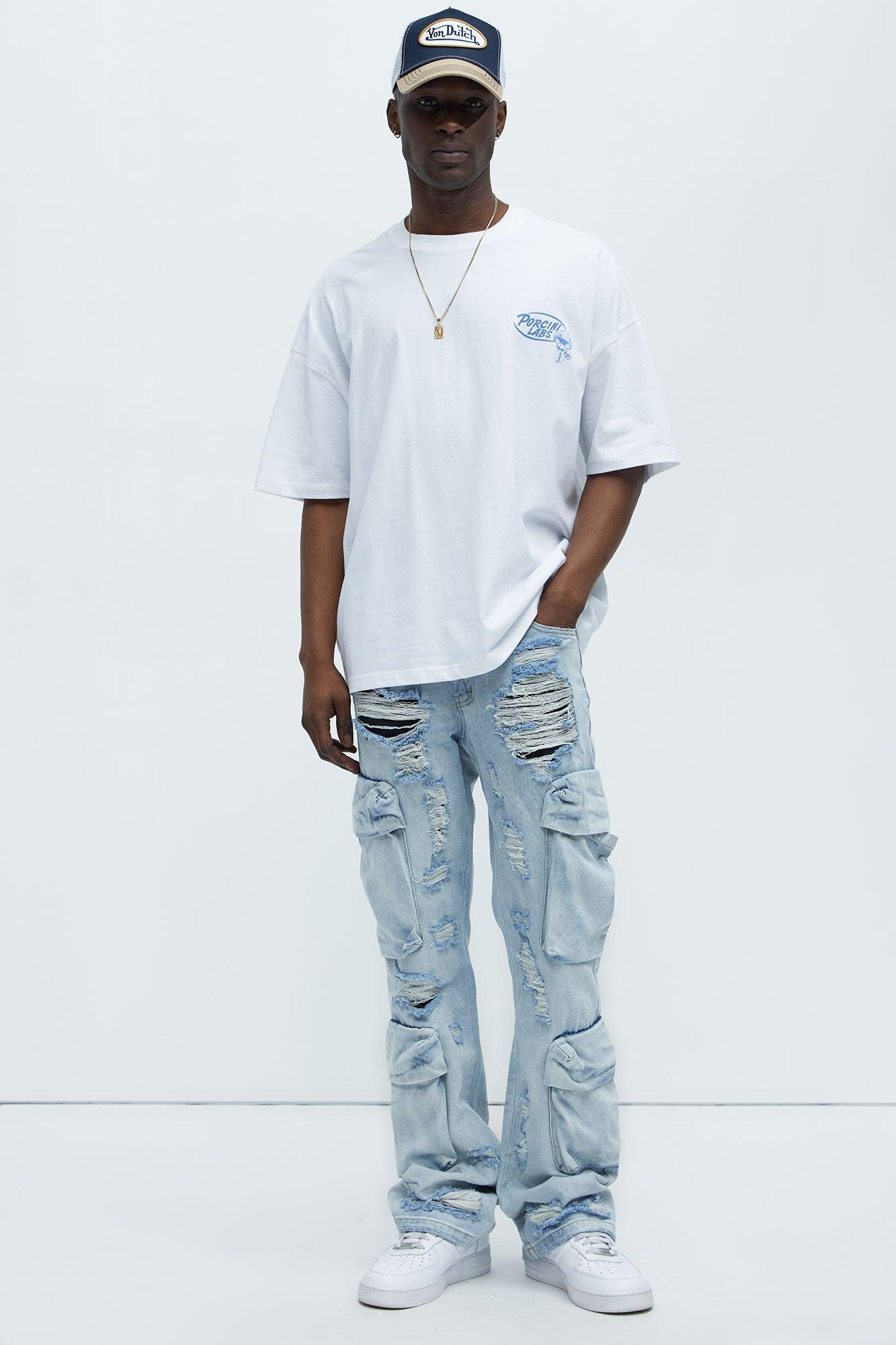 Xavier Distressed Stacked Slim Flare Jeans - Light Blue Wash Product Image