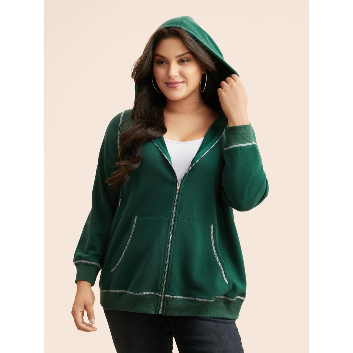 Plus Size Contrast Stitch Hooded Drawstring Sweatshirt Women DarkGreen Casual Topstitching Loose Non Everyday Sweatshirts BloomChic 26/4X Product Image