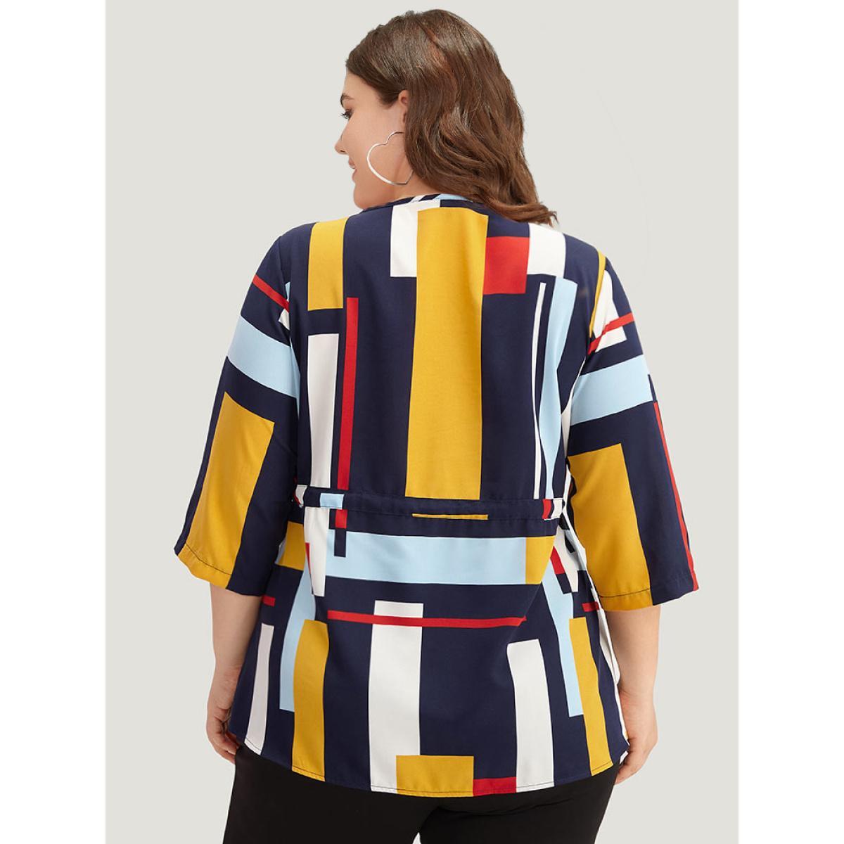 Plus Size Multicolor Geometric Contrast Drawstring Button Up Blouse Women Office Elbow-length sleeve V-neck Work Blouses BloomChic 22-24/3X Product Image