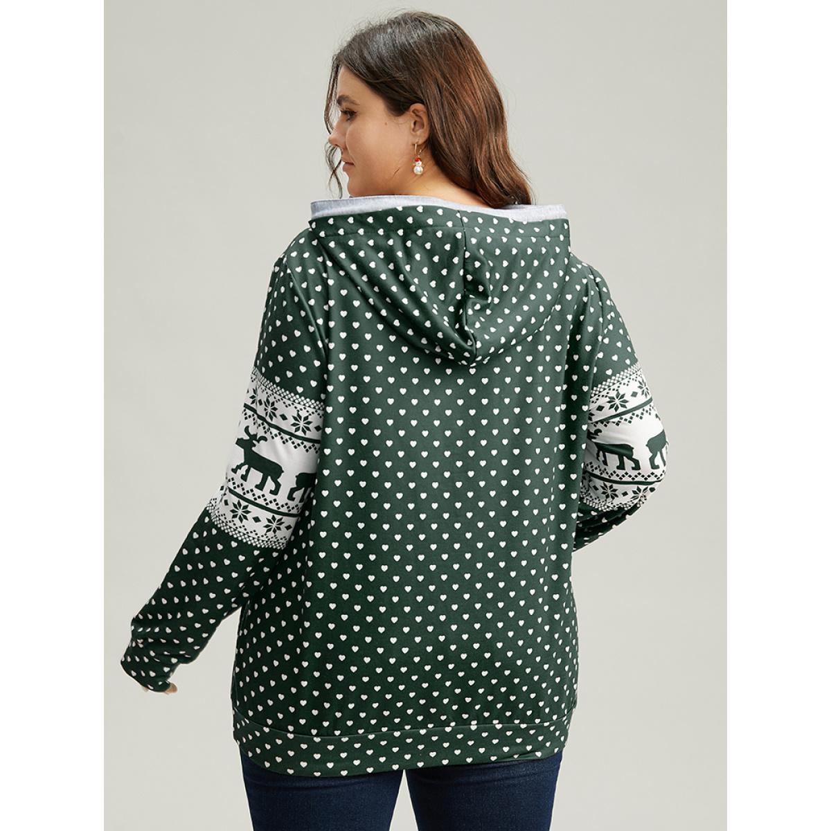 Plus Size Christmas Elk Contrast Kangaroo Pocket Hooded Sweatshirt Women Green Casual Printed Hooded Festival-Halloween Sweatshirts BloomChic 14-16/1X Product Image