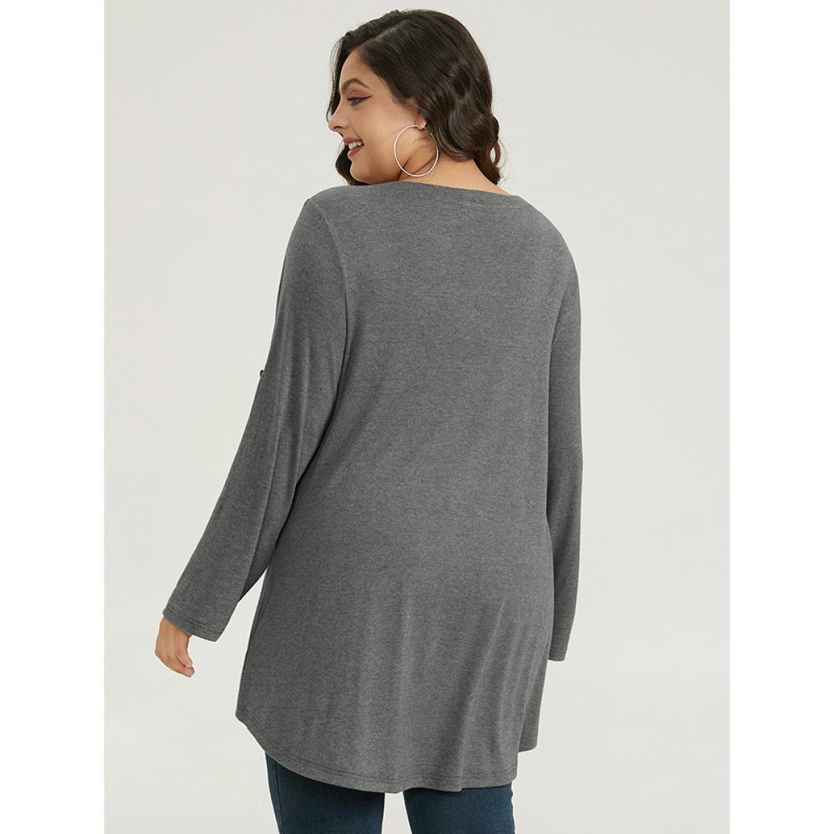 Plus Size Polka Dot Patched Pocket Tab Sleeve T-shirt DimGray Women Casual Contrast Polka Dot Round Neck Dailywear T-shirts BloomChic 28/5X Product Image