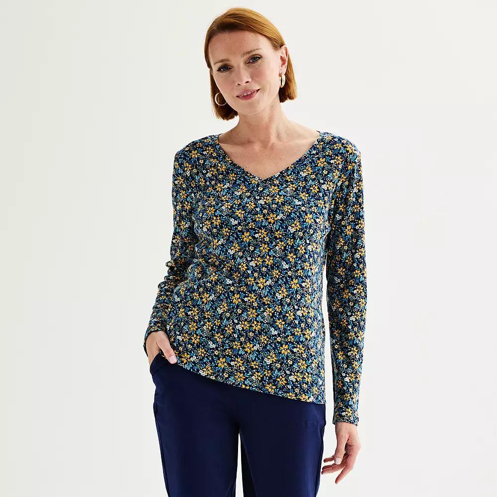 Petite Croft & Barrow® Essential Long-Sleeve V-Neck Top, Women's, Size: Large Petite, Black Paisley Flower Product Image