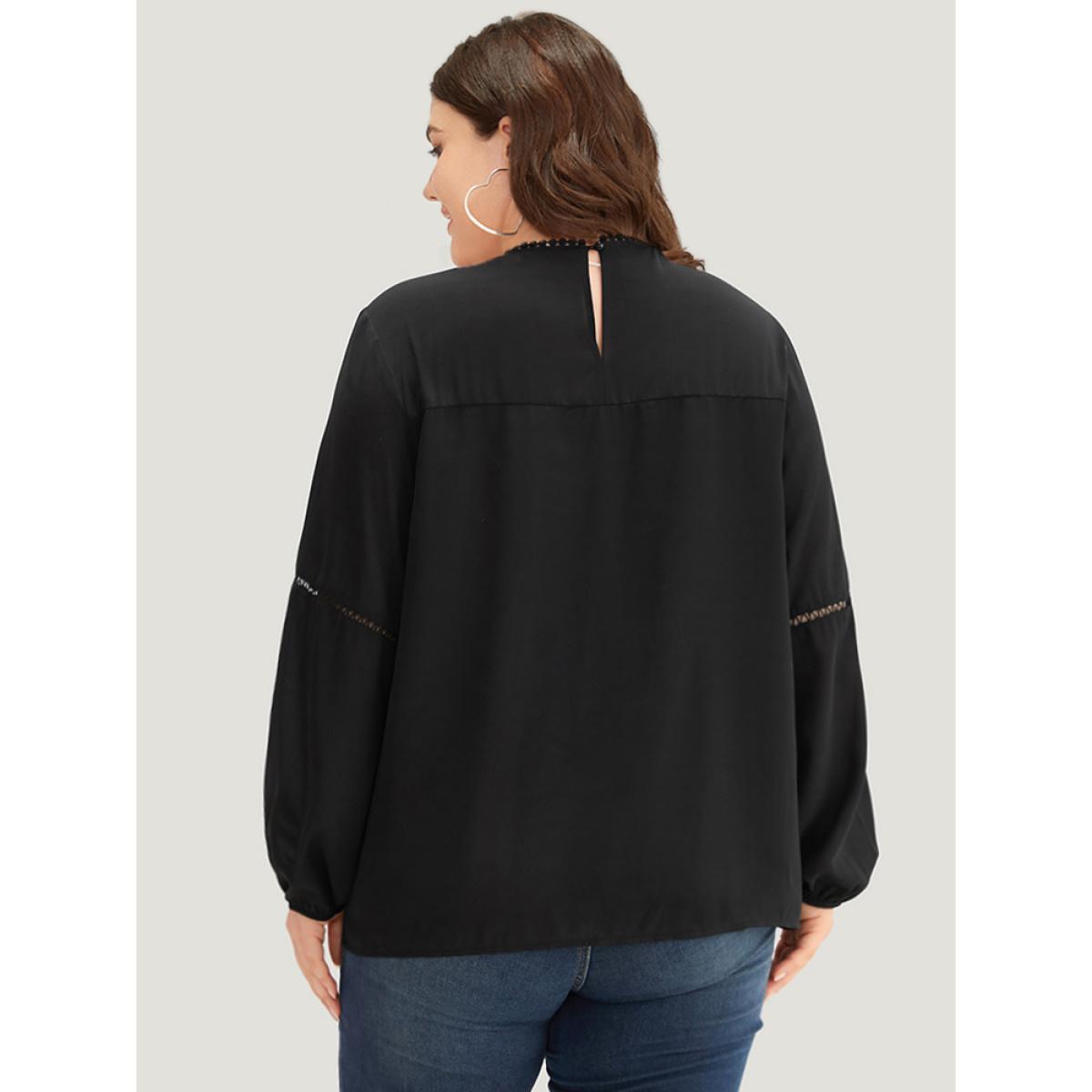 Plus Size Black Anti-Wrinkle Pompom Trim Guipure Lace Keyhole Blouse Women Office Long Sleeve Round Neck Dailywear Blouses BloomChic 14-16/1X Product Image