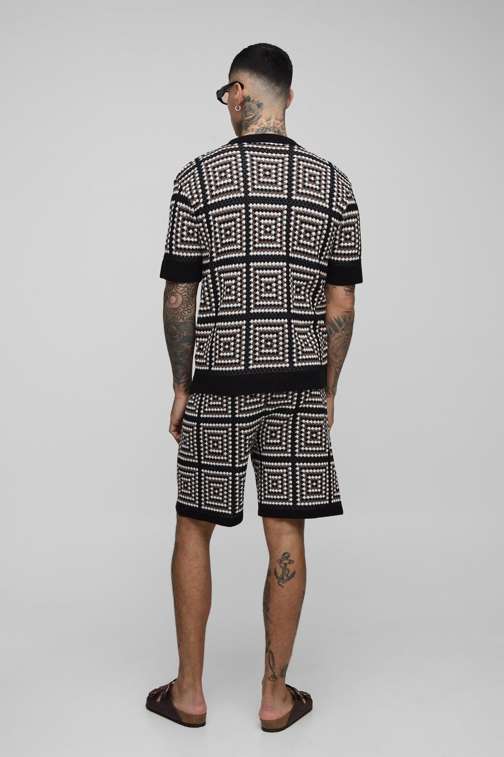 Tall Regular Fit Crochet Shirt & Relaxed Short Set | boohooMAN USA Product Image