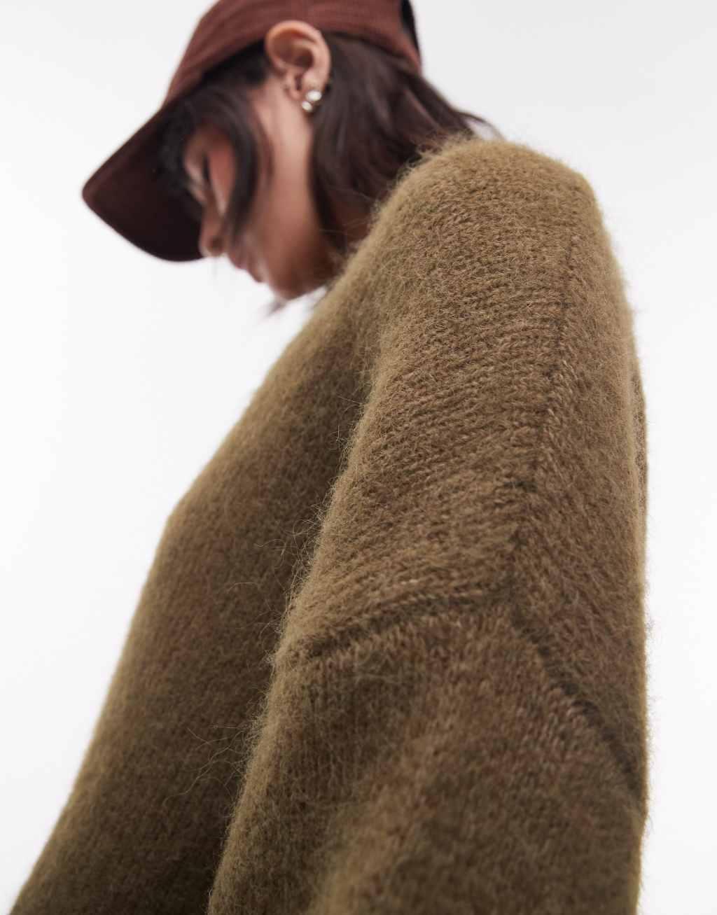 Topshop knit boxy fluffy crew neck oversized sweater in khaki Product Image