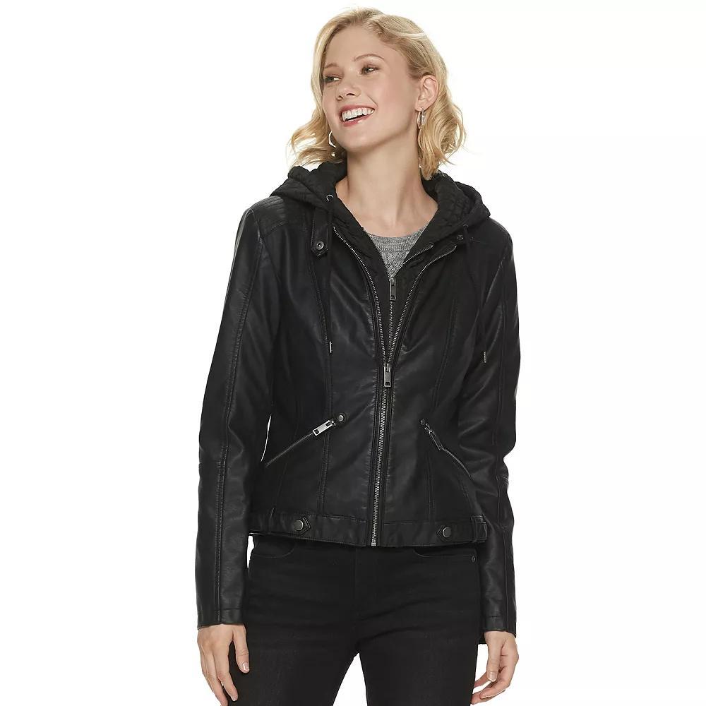 Women's Sebby Collection Hooded Faux-Leather Racing Jacket, Size: Large, Black Product Image