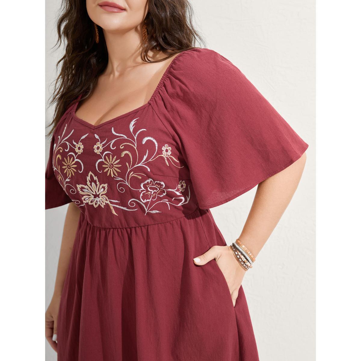 Plus Size Pure Cotton Floral Embroidered Midi Dress Burgundy Women Embroidered Heart neckline Short sleeve Curvy BloomChic 12/L Product Image