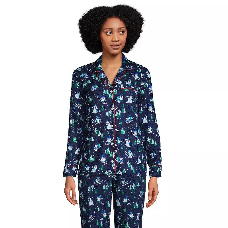 Womens Lands End Long Sleeve Flannel Pajama Top Blue Tiny Check Product Image