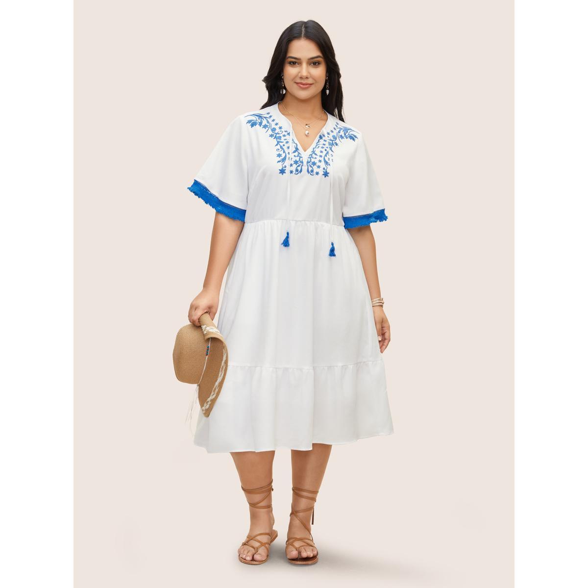 Plus Size Boho Print Embroidered Tassel Trim Midi Dress White Women Elegant Woven ribbon&lace trim Flat collar with V-notch Half Sleeve Curvy BloomChic 22-24/3X Product Image