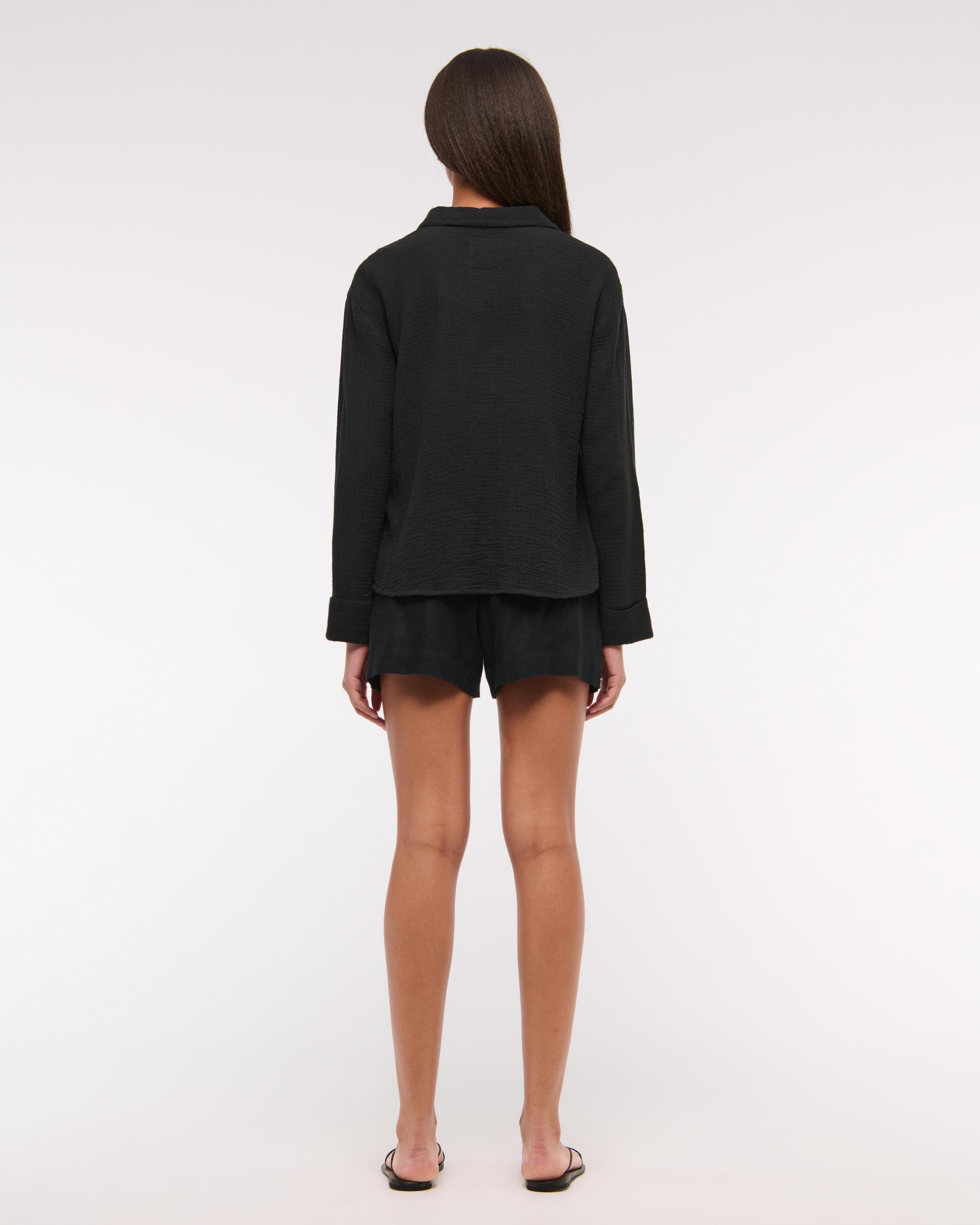 Long-Sleeve Oversized Tie-Front Gauzy Shirt Product Image
