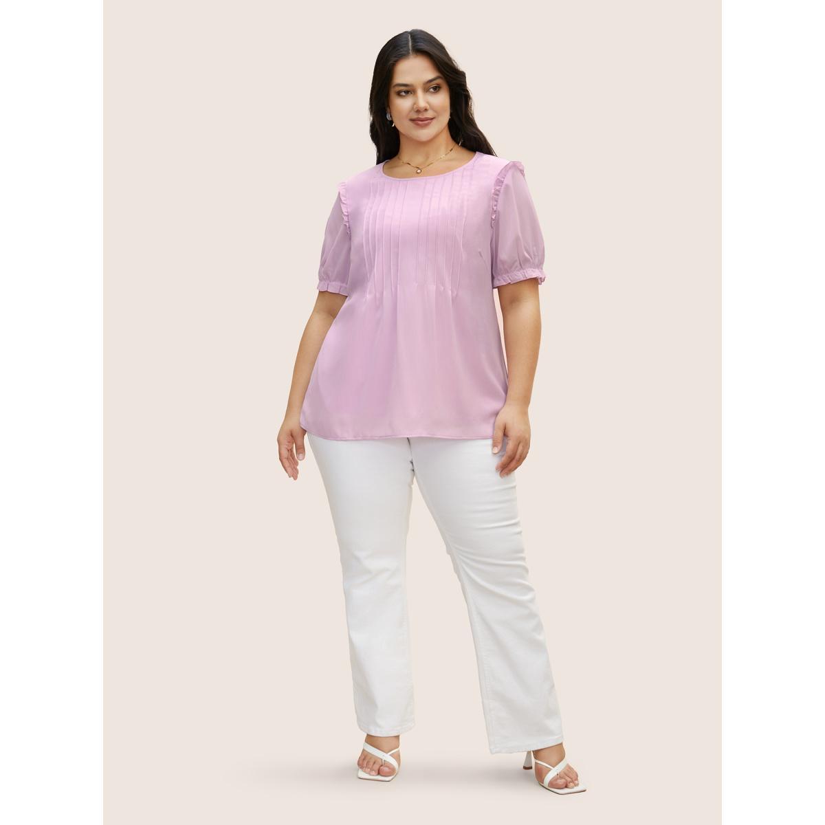 Plus Size Lavender Solid Mesh Pleated Lantern Sleeve Blouse Women Elegant Short sleeve Round Neck Everyday Blouses BloomChic 14-16/1X Product Image