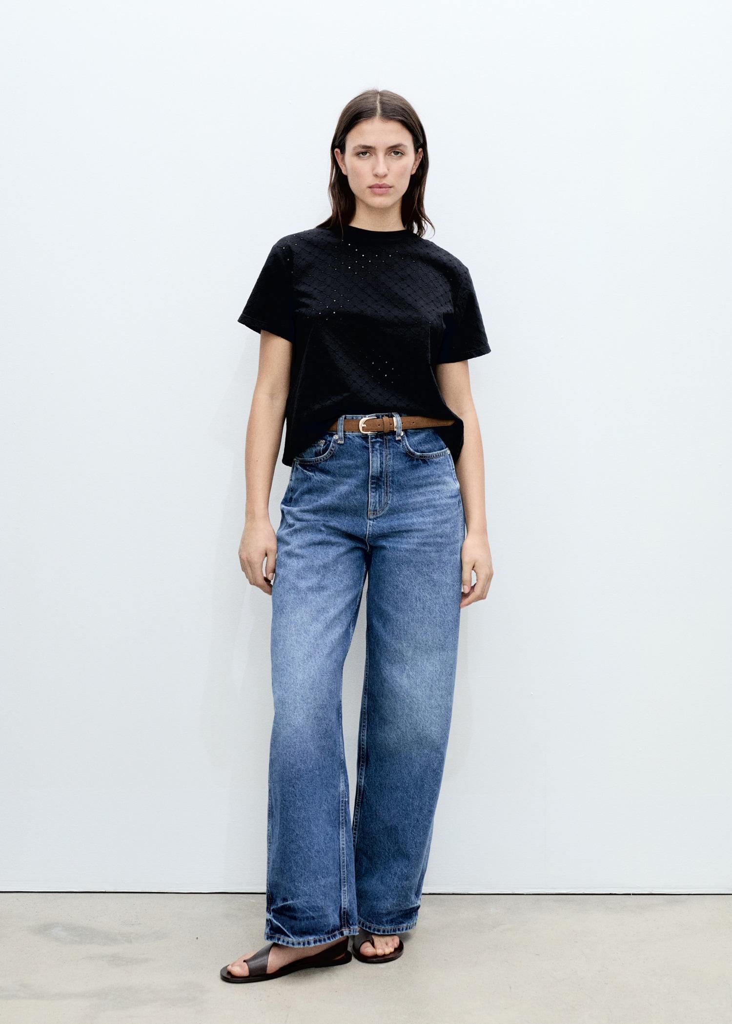 Embroidered openwork t-shirt - Women | MANGO USA Product Image