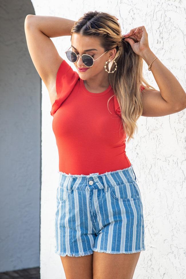 Talk To You Again Striped Chambray Shorts FINAL SALE Product Image
