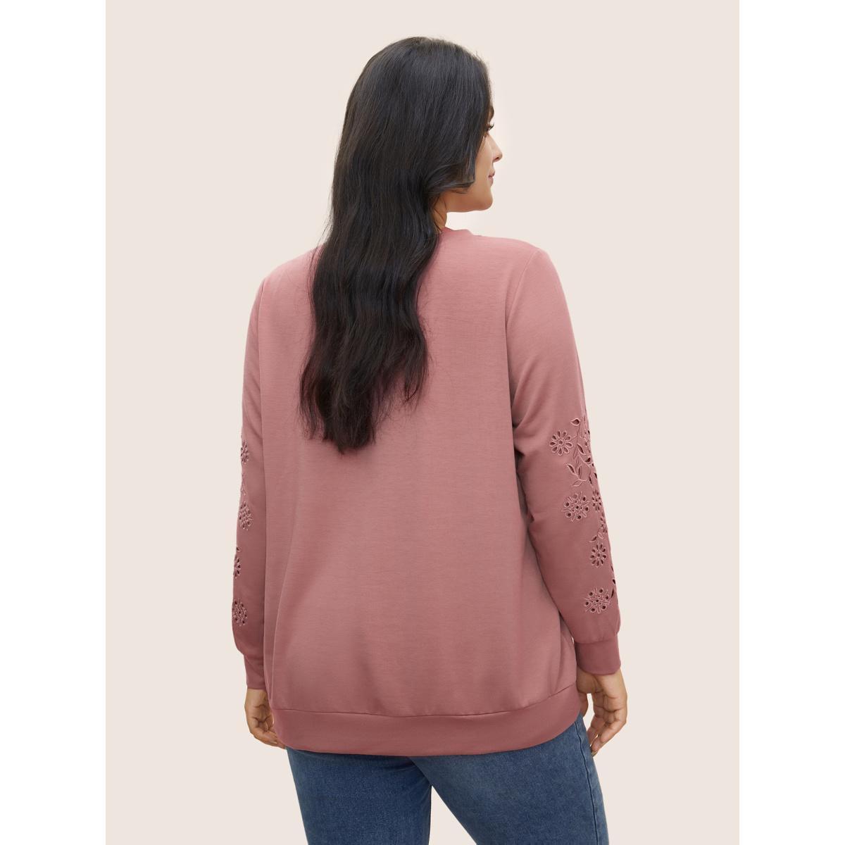 Plus Size Solid Broderie Anglaise Crew Neck Sweatshirt Women DustyPink Elegant Non Round Neck Everyday Sweatshirts BloomChic 28/5X Product Image