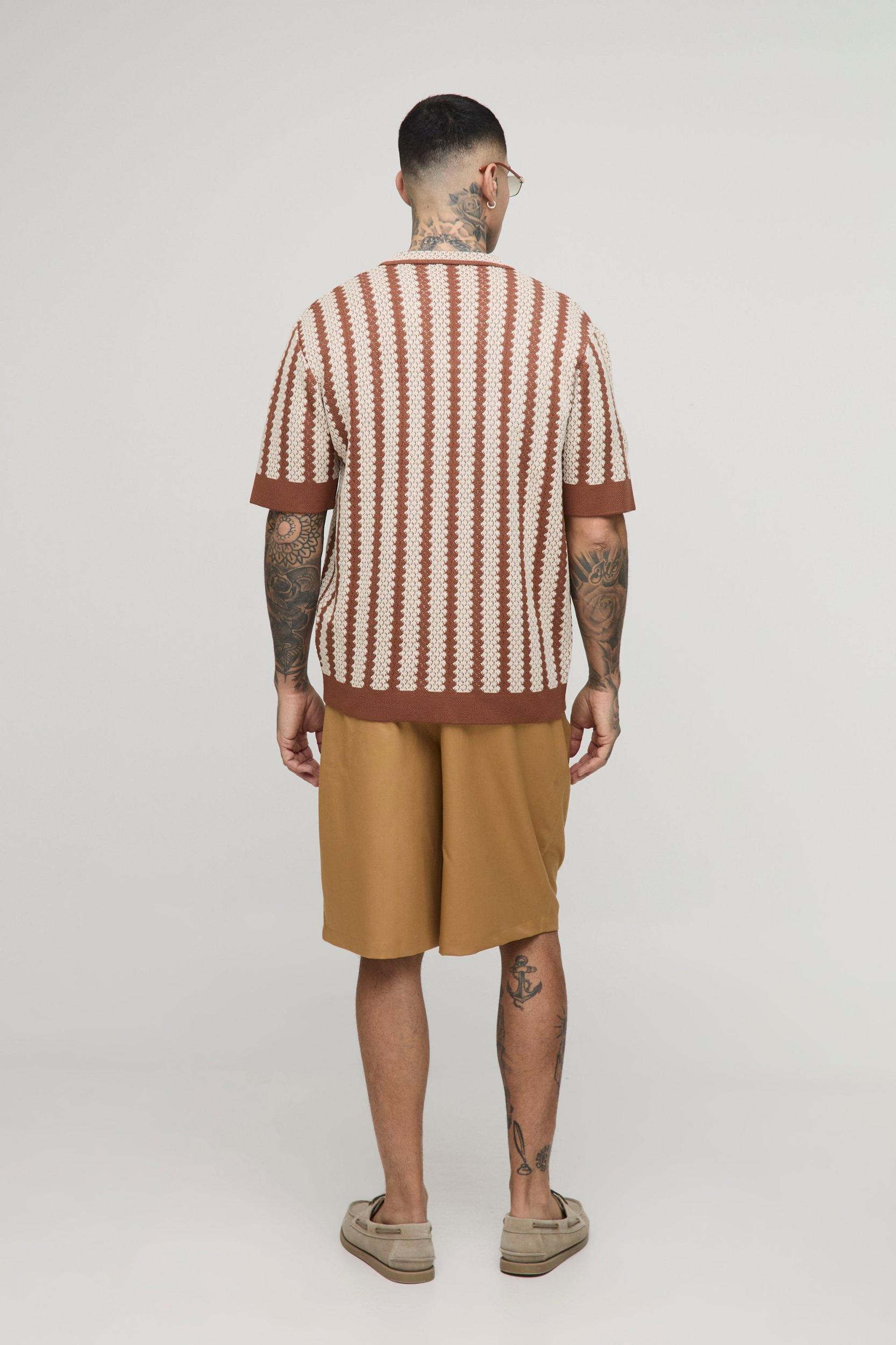 Tall Oversized Stripe Crochet Polo Shirt | boohooMAN USA Product Image
