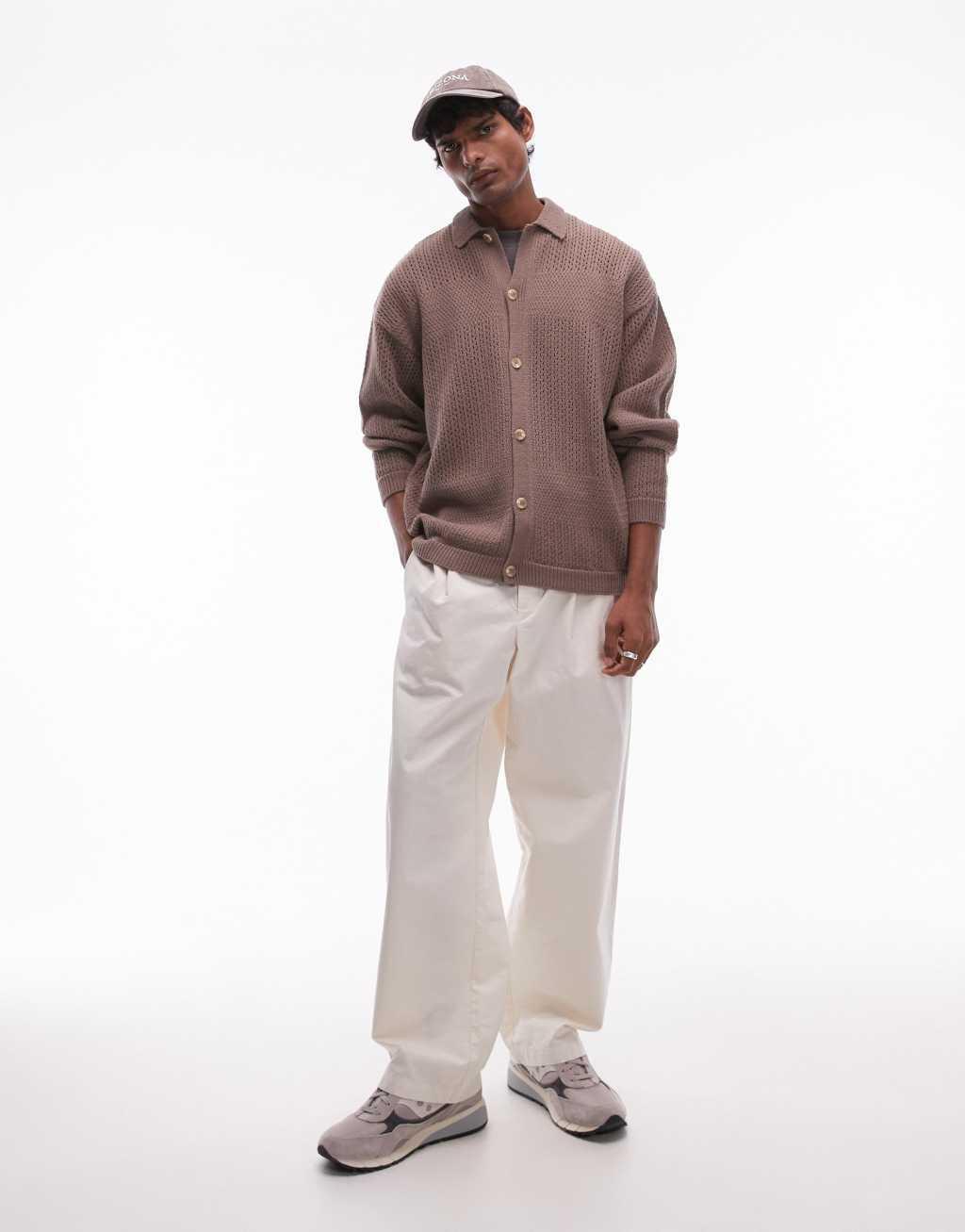 Topman revere collar long sleeve polo in brown Product Image