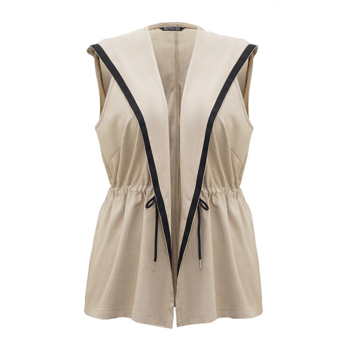 Plus Size Contrast Trim Hooded Elastic Waist Drawstring Sleeveless Jacket Women LightBrown Casual Contrast Ladies Dailywear Winter Coats BloomChic 18-20/2X Product Image