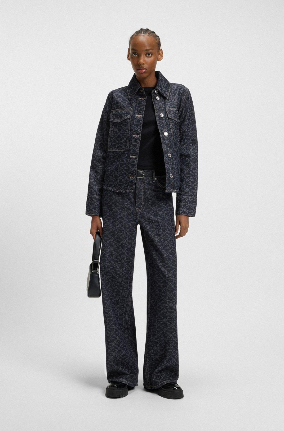 HUGO - Super-wide-leg jeans in monogram laser-print denim - Dark Blue Product Image