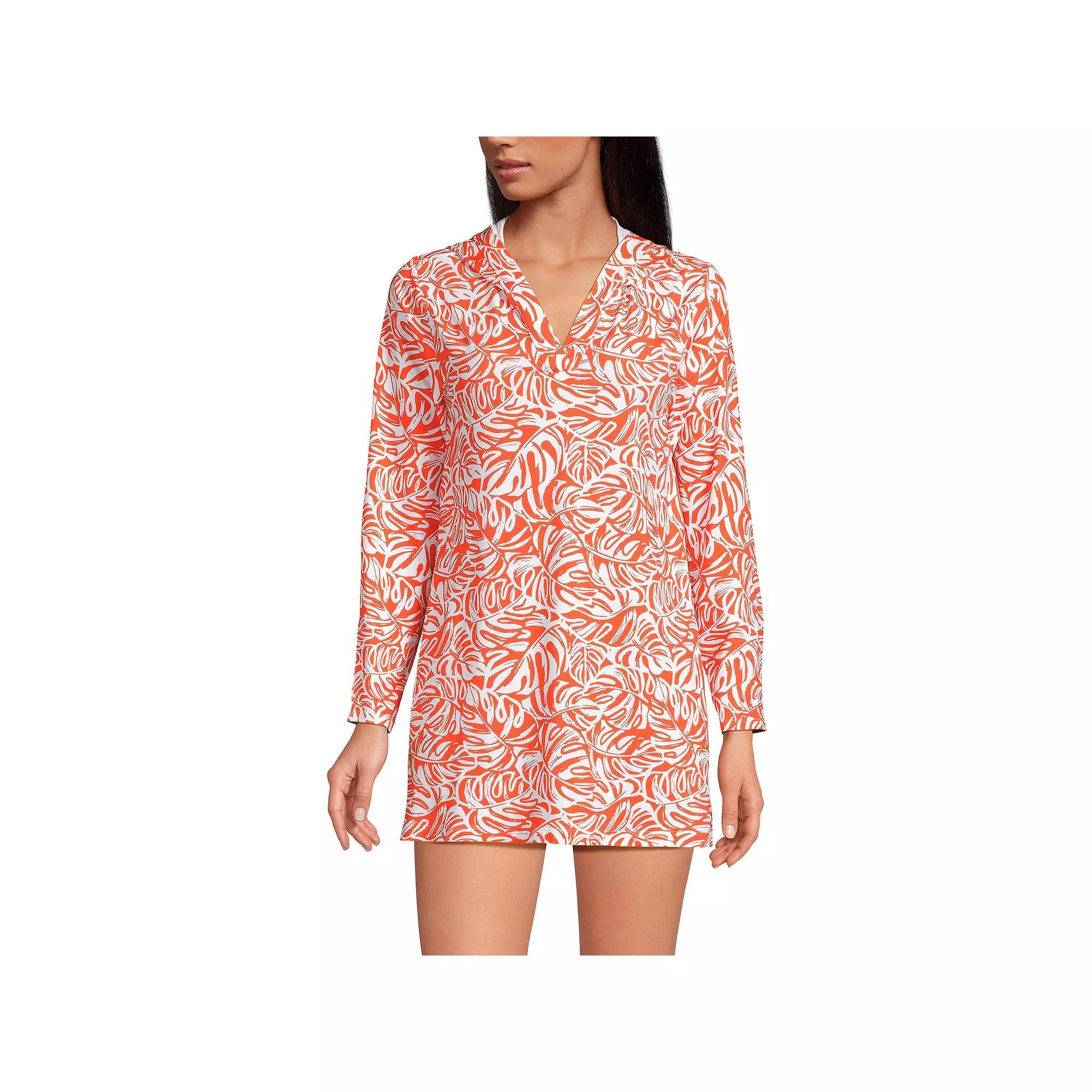 Women's Lands' End Hooded Mini Swim Cover-Up Dress UPF 50, Size: XS, Orange Tropic Leaves Product Image