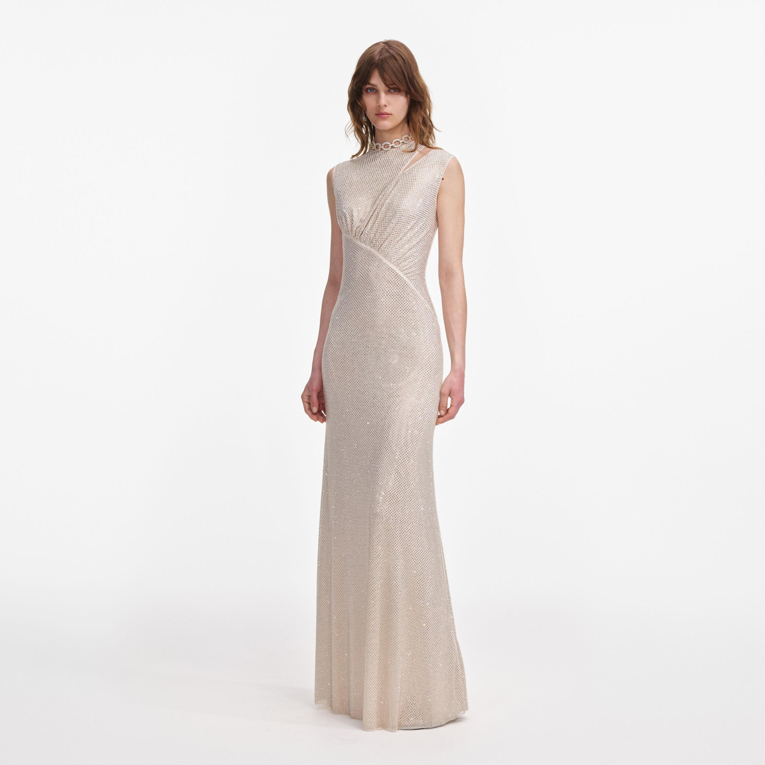 Champagne Rhinestone Cut Out Maxi Dress Product Image