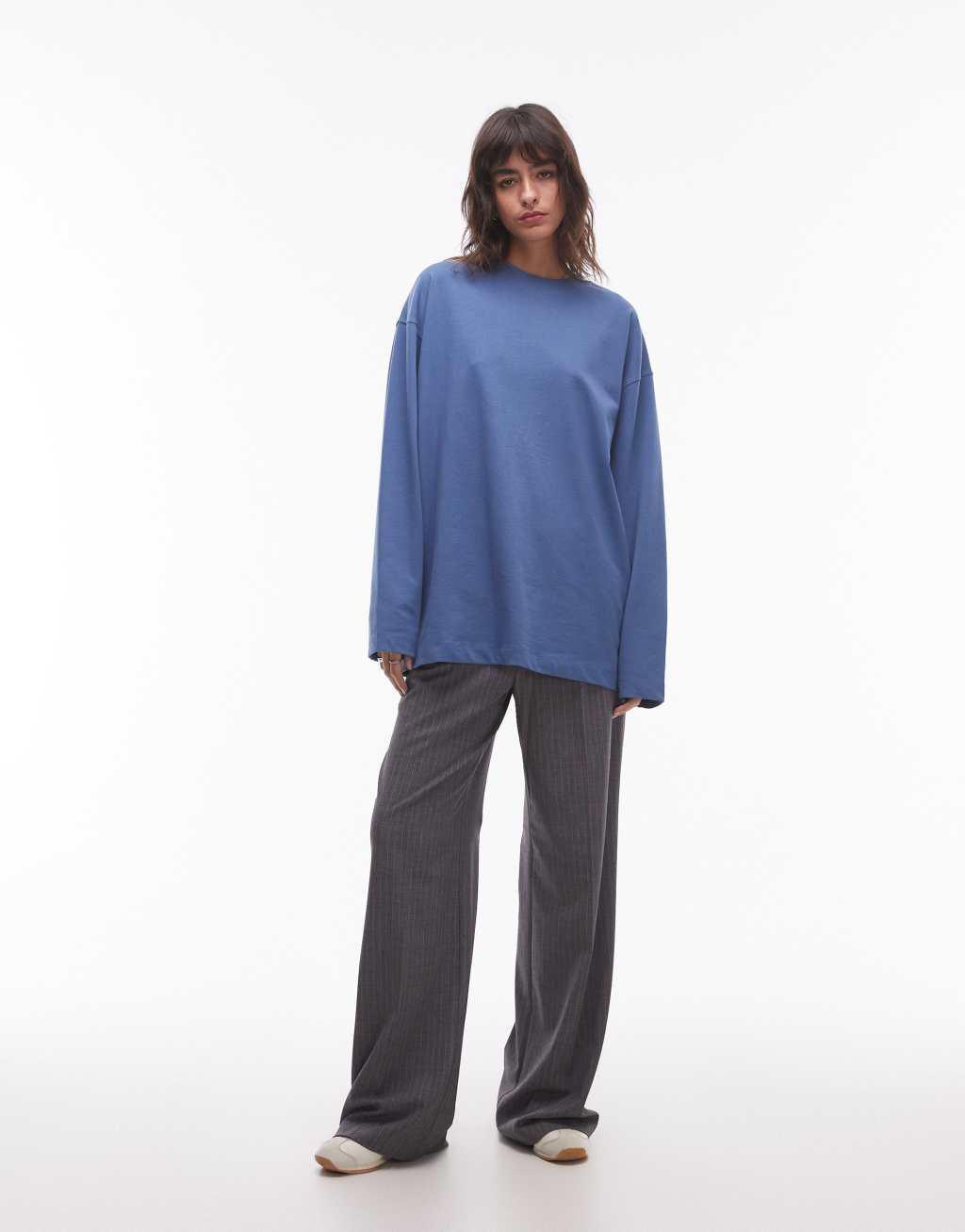 Topshop premium seam detail long sleeve skater tee in blue Product Image