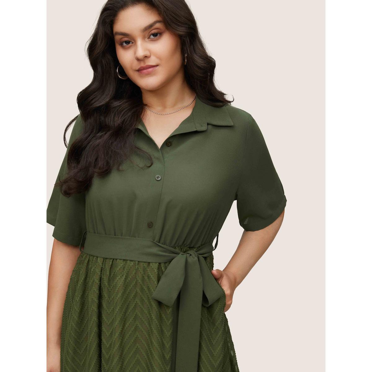 Plus Size Plain Texture Mesh Belted Asymmetrical Hem Dress ArmyGreen Women At the Office Texture Shirt collar Short sleeve Curvy Midi Dress BloomChic 28/5X Product Image