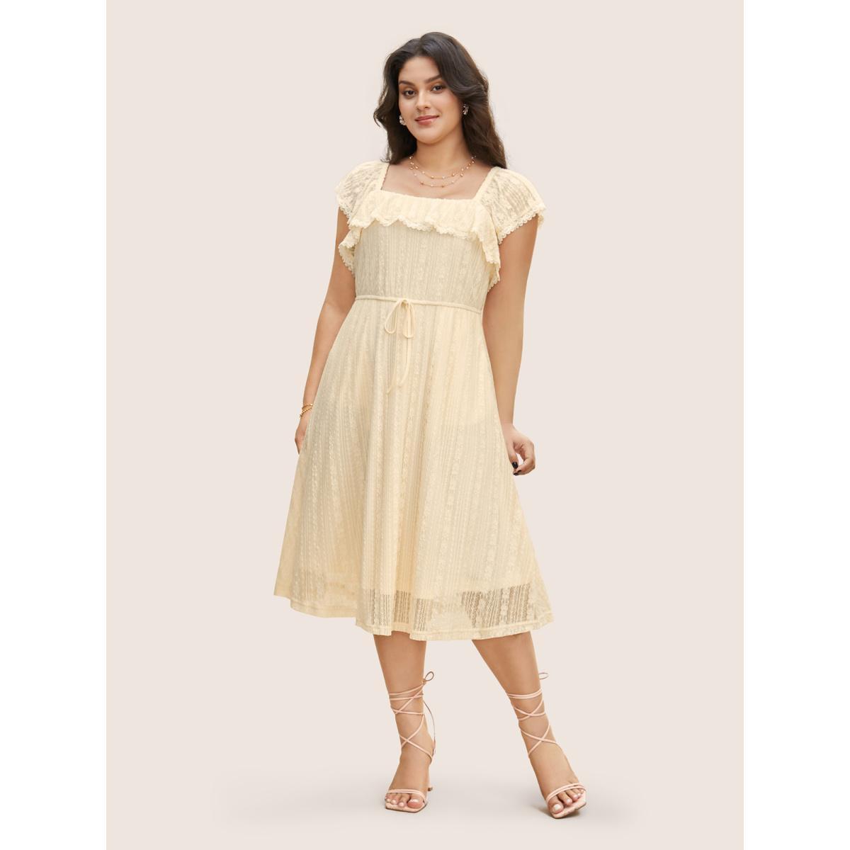 Plus Size Crochet Lace Mesh Drawstring Cap Sleeve Dress Apricot Women Elegant Woven ribbon&lace trim Square Neck Cap Sleeve Curvy BloomChic 22-24/3X Product Image