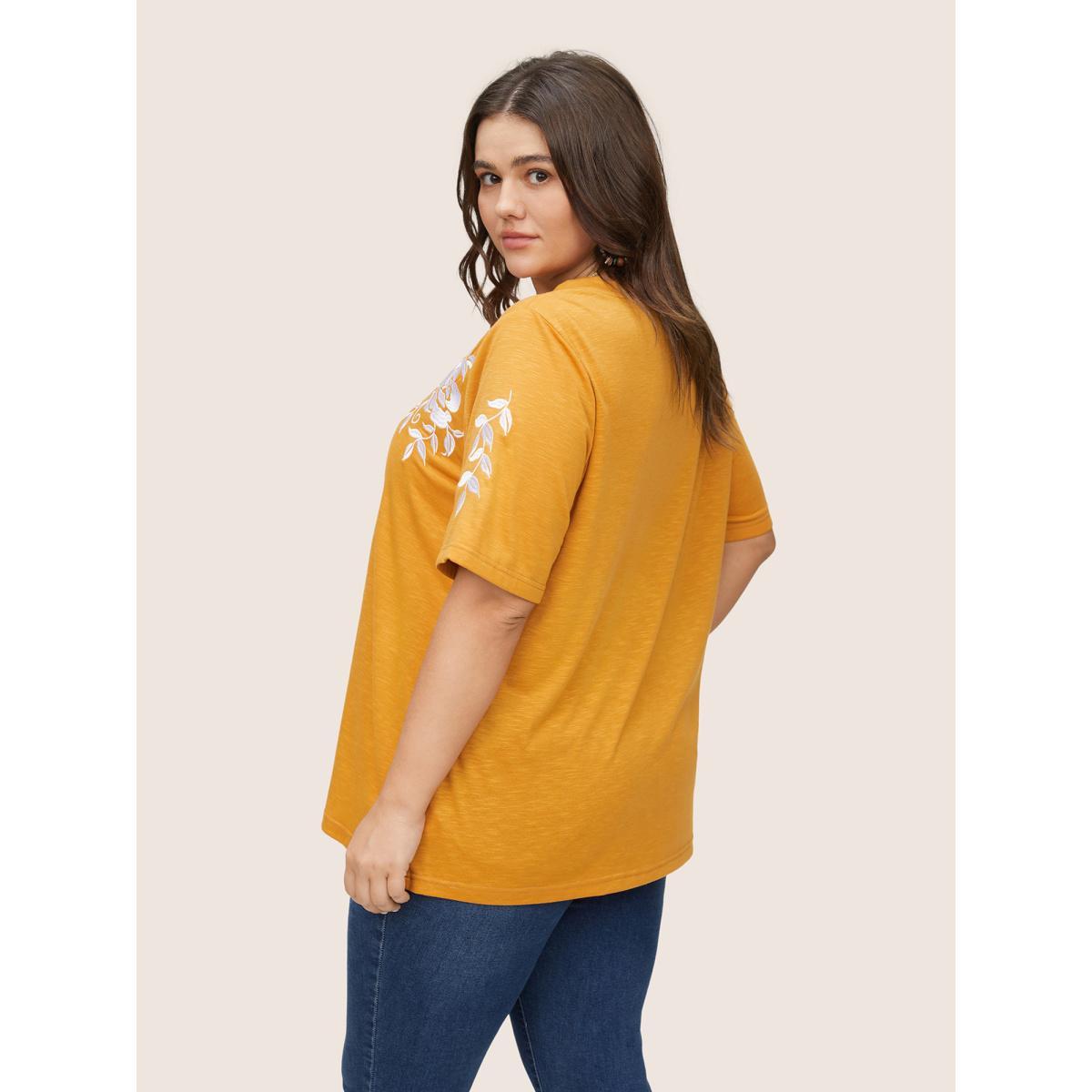 Plus Size Floral Embroidered Contrast Round Neck T-shirt Yellow Women Resort Contrast Floral Round Neck Vacation T-shirts BloomChic 30/6X Product Image
