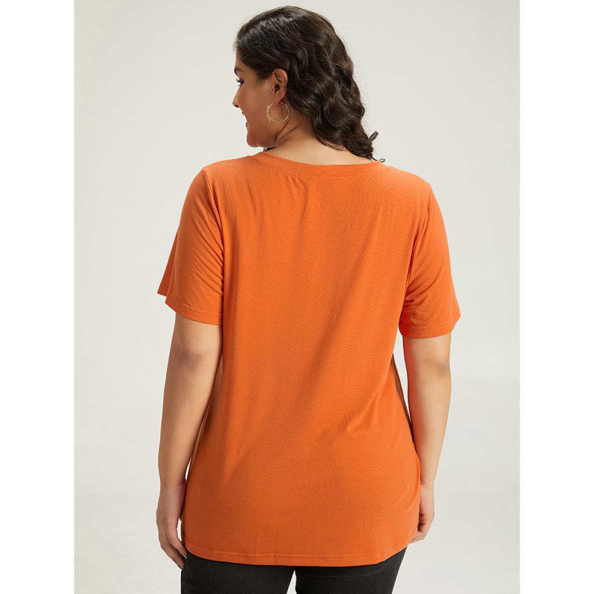 Plus Size Halloween Letter Print V Neck T-shirt OrangeRed Women Casual Printed Halloween Festival-Halloween T-shirts BloomChic 26/4X Product Image