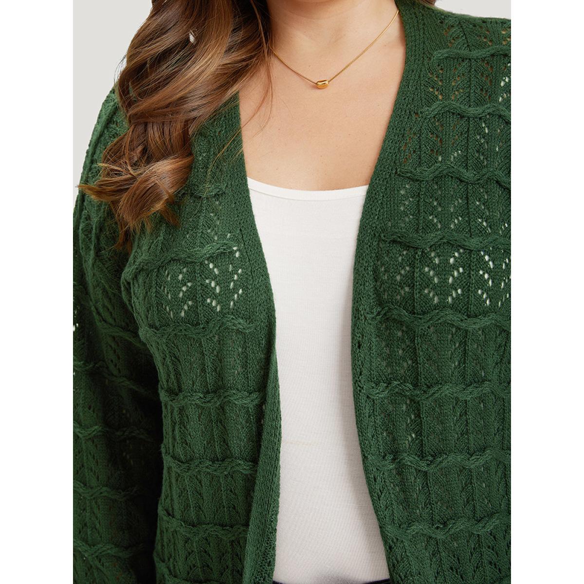 Plus Size Plain Geometric Eyelet Cable Knit Tunic Cardigan DarkGreen Women Casual Loose Long Sleeve Everyday Cardigans BloomChic 10/M Product Image