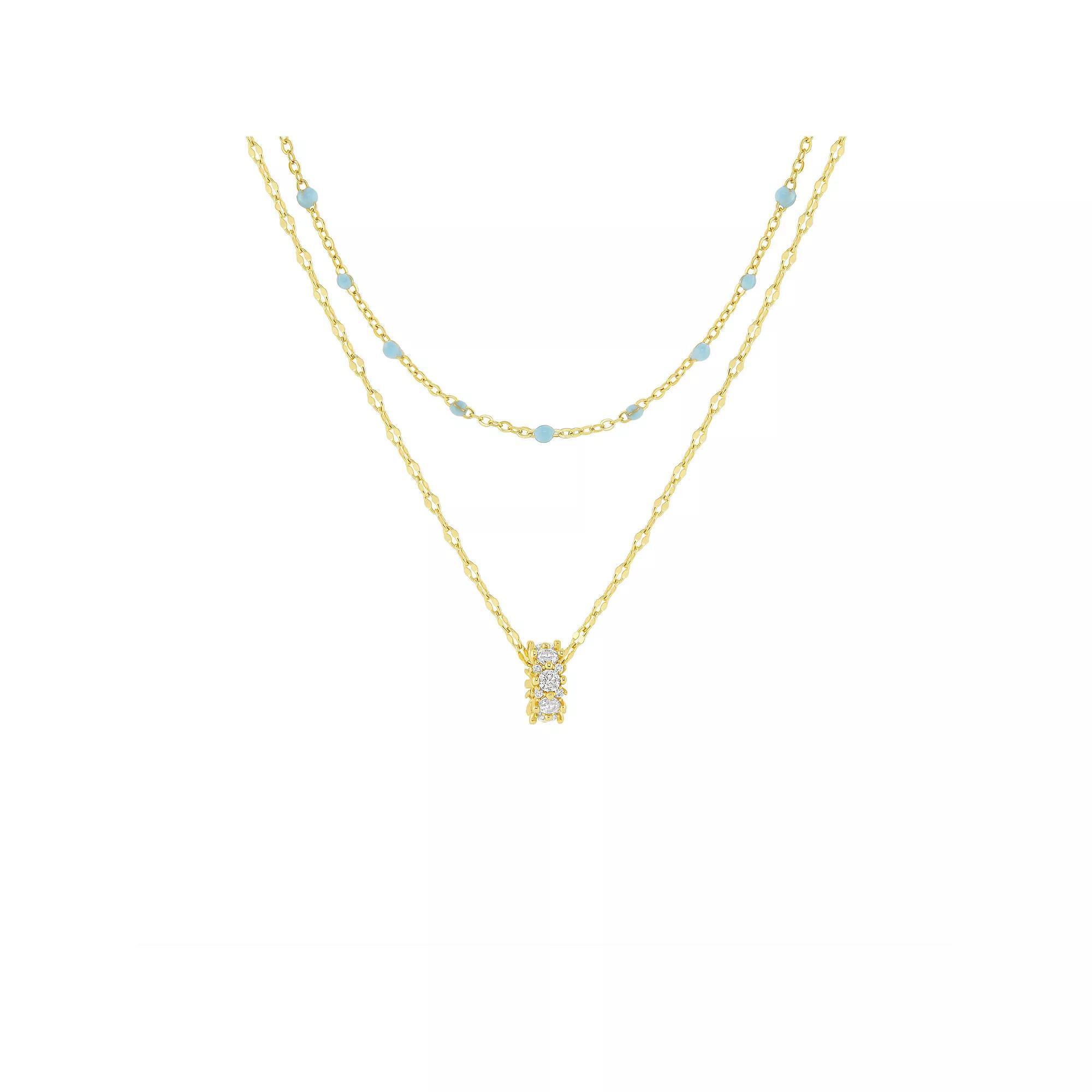 PRIMROSE 14k Gold Flash Plated Cubic Zirconia Rondelle & Simulated Turquoise Bead Double Strand Necklace, Women's, Size: 18", Gold Tone Team Product Image