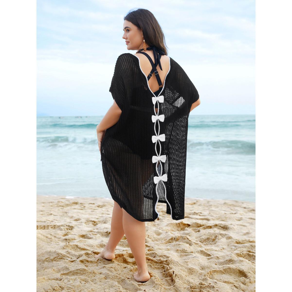 Plus Size Scalloped Neck Textured Bow Swim Cover Up Women's Swimwear Black Beach Loose Curve Swim Cover Ups BloomChic 14-16/1X Product Image