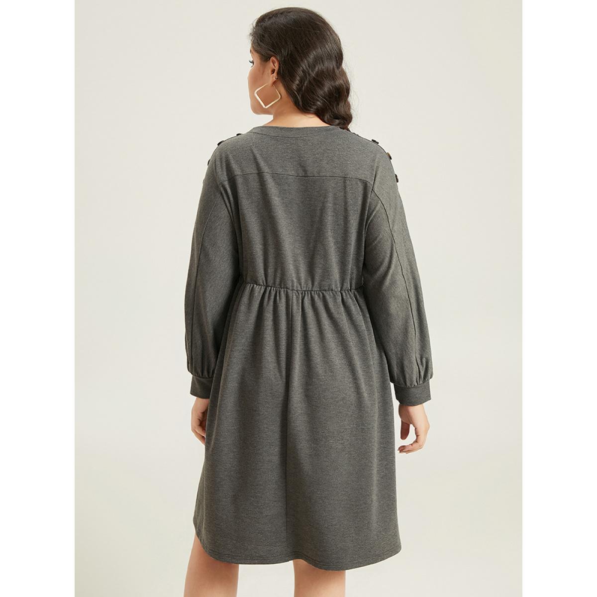 Plus Size Plain Button Detail Pocket Gathered Dress DimGray Women Casual Gathered Round Neck Long Sleeve Curvy Knee Dress BloomChic 28/5X Product Image