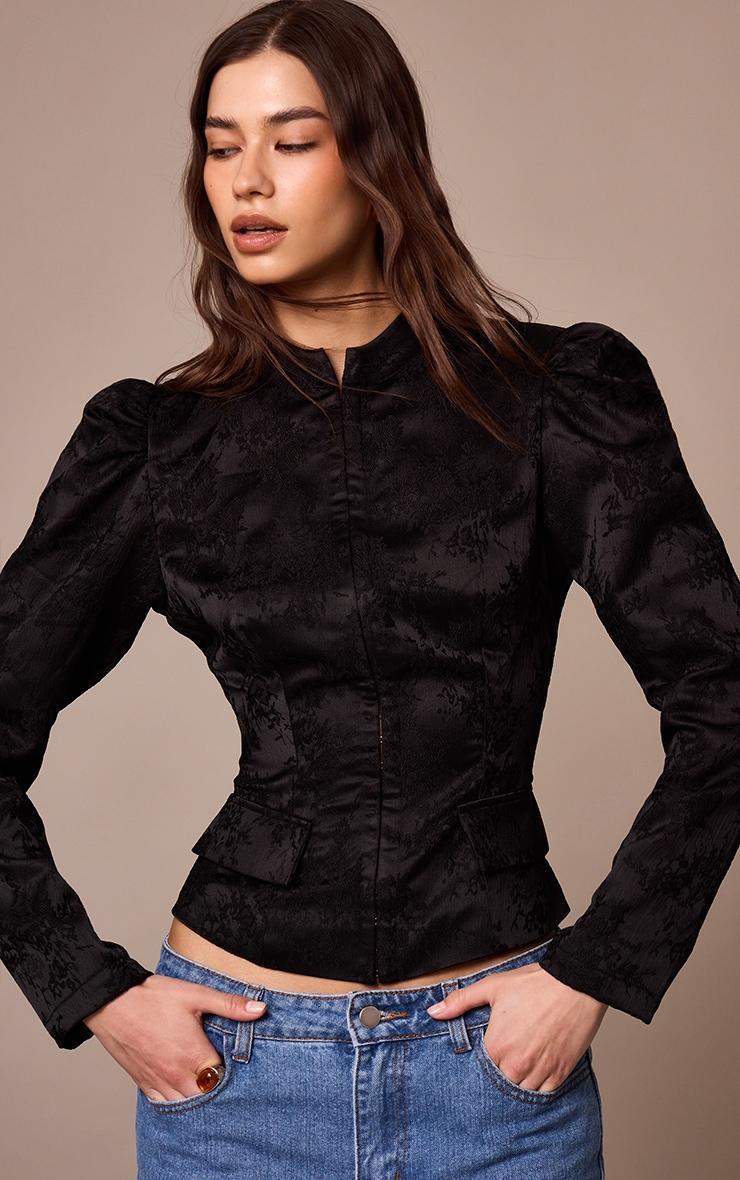 Black Lace High Neck Puff Sleeve Jacket Product Image