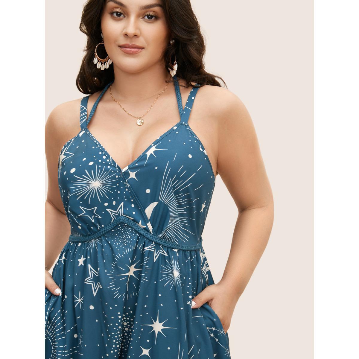 Plus Size Moon & Star Contrast Webbing Tie Knot Dress Cerulean Women Resort Tie knot V-neck Sleeveless Curvy BloomChic 10/M Product Image